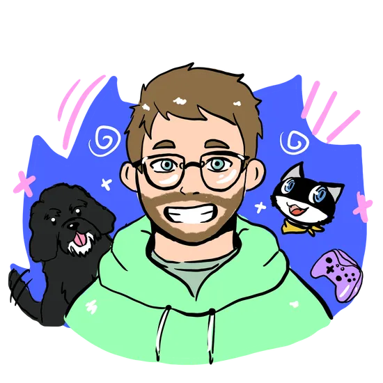 Tanner with his dog Wilma and a character from one of his favorite games